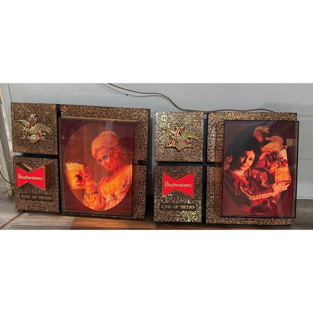 Vintage Budweiser Light Up Sign Pair‎ King of Beers Shadow Box Bar Decor 1970s